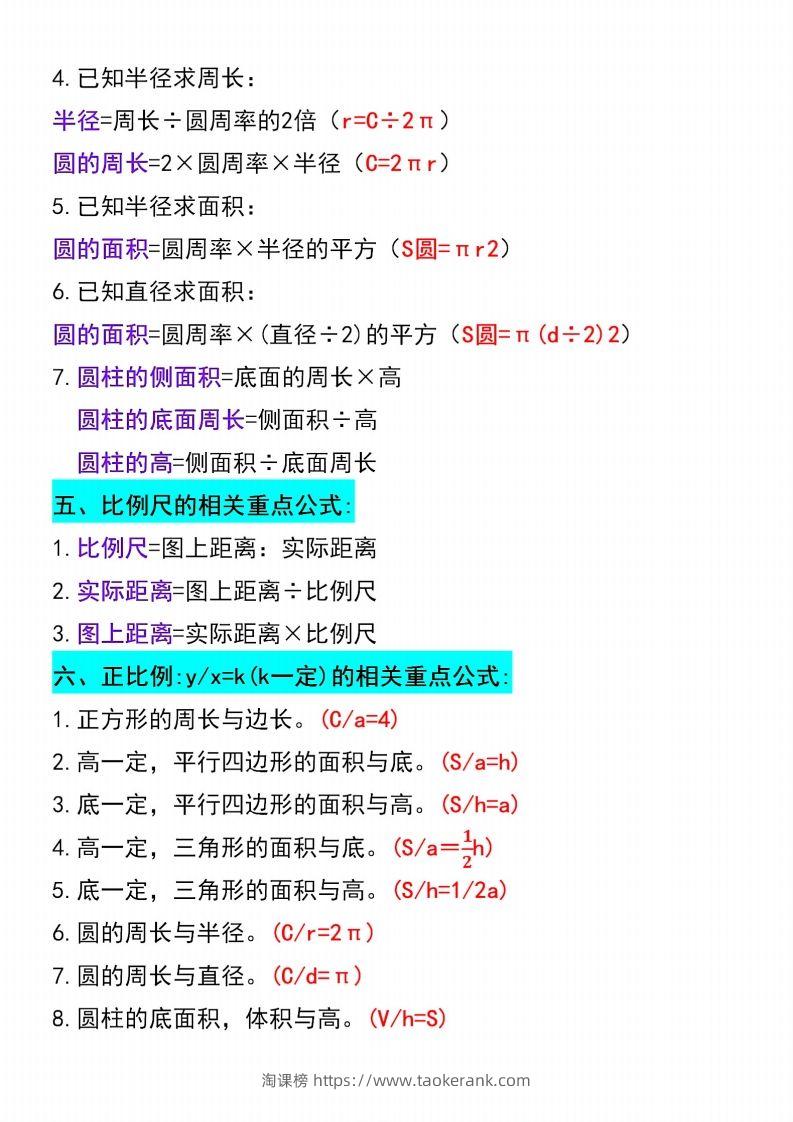 图片[2]-六下数学必背重点公式汇总-淘课榜