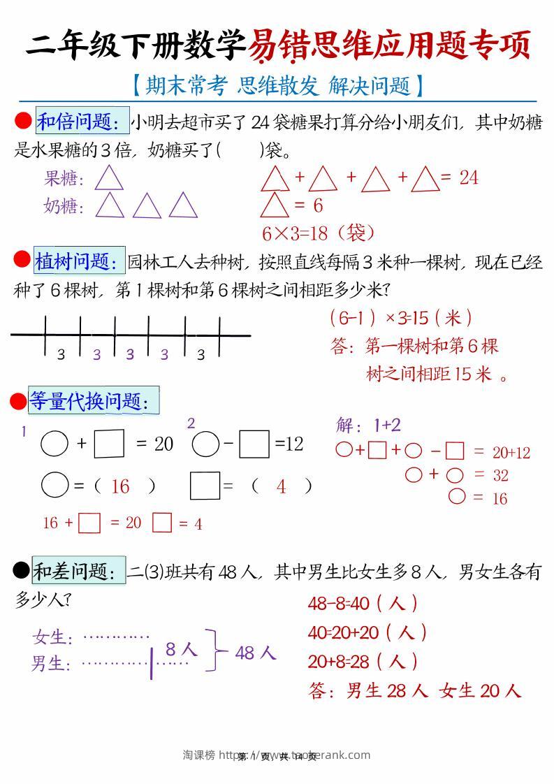 二下数学易错思维应用题专项（28道母题）练习+答案版14页-淘课榜