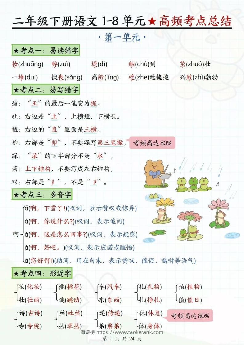 二下语文1-8单元高频考点总结（24页）-淘课榜