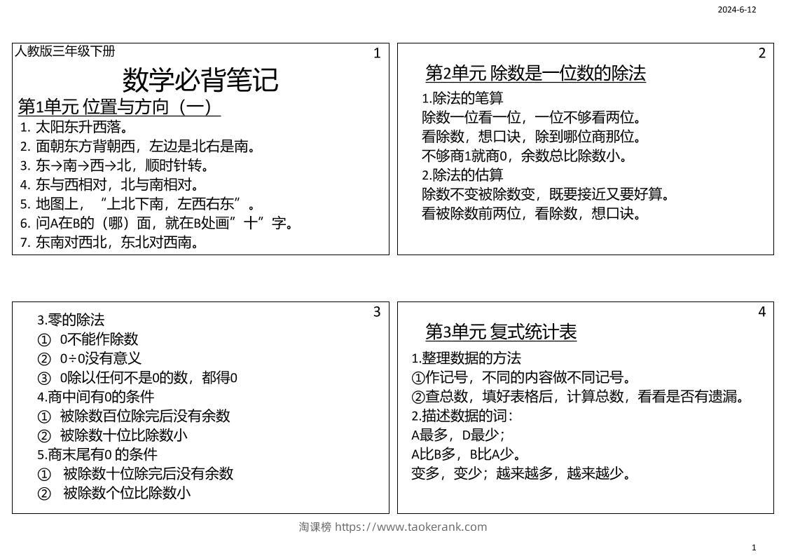 三年级数学下册必背笔记课课贴（4图）-淘课榜