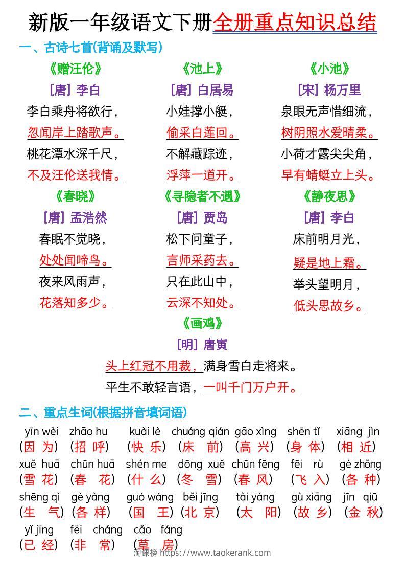 新版一年级语文下册全册重点知识总结-7页-淘课榜
