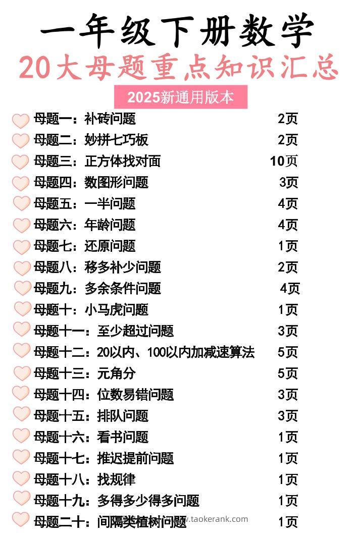 一年级下册数学20大母题重点知识汇总58页-淘课榜