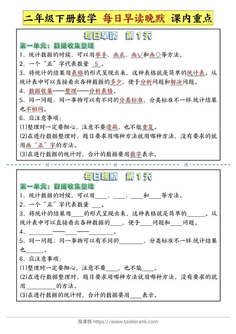 二年级下数学重点每日早读晚默（14页）-高清无水印完整版本-淘课榜