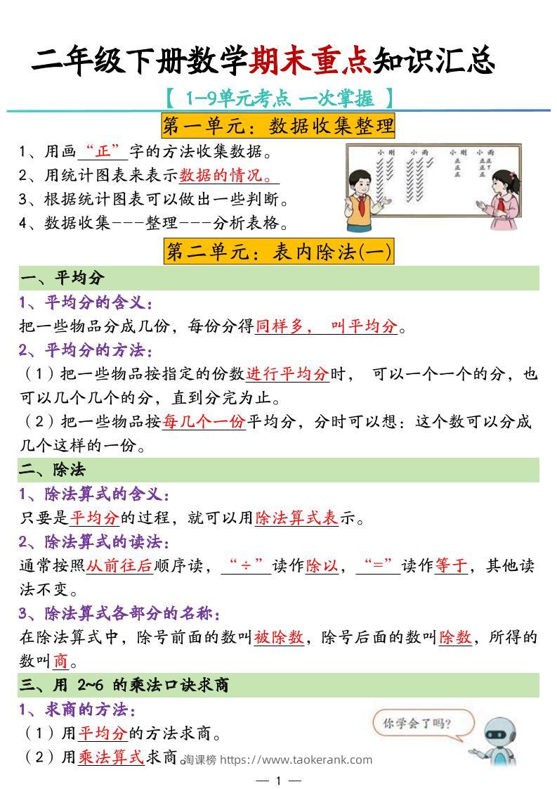 二年级下册数学期末重点知识汇总-淘课榜