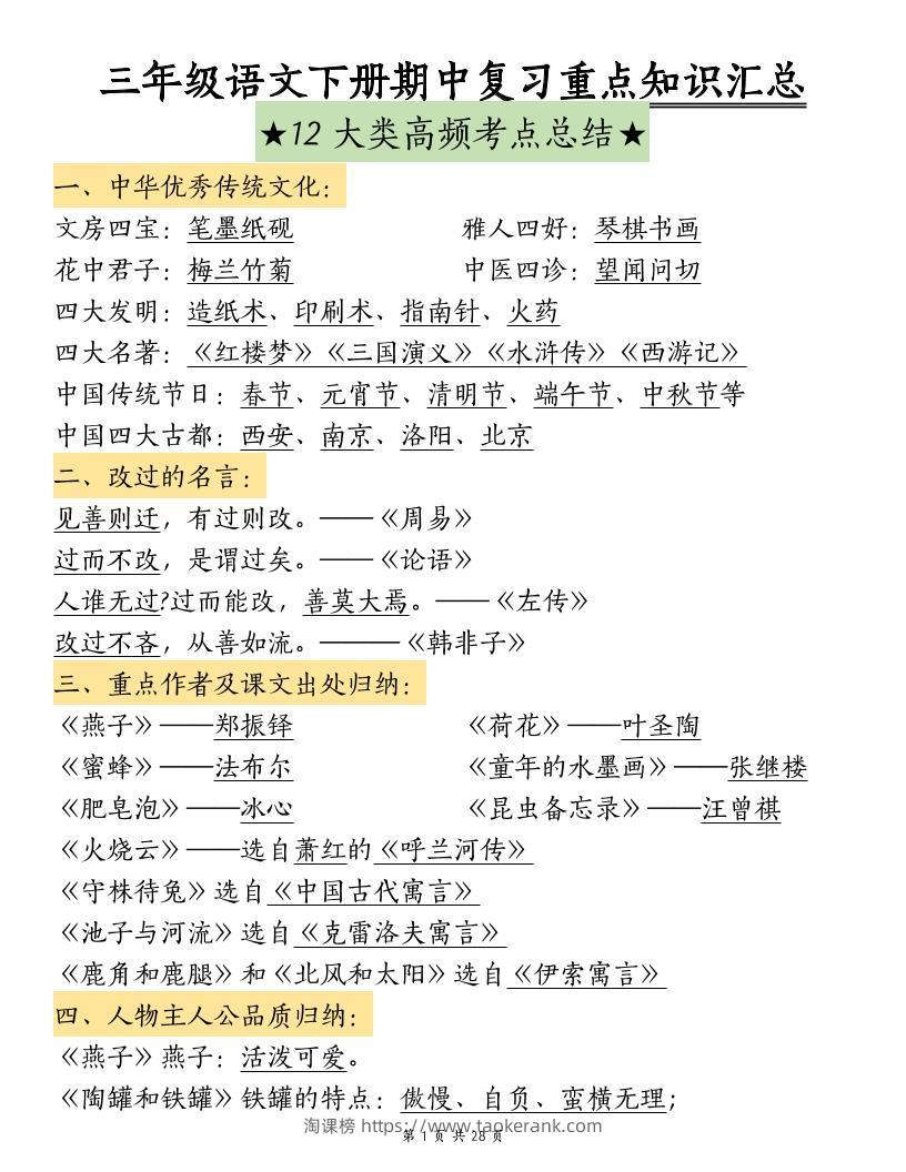 三下语文期中复习重点知识汇总-12大高频考点-淘课榜