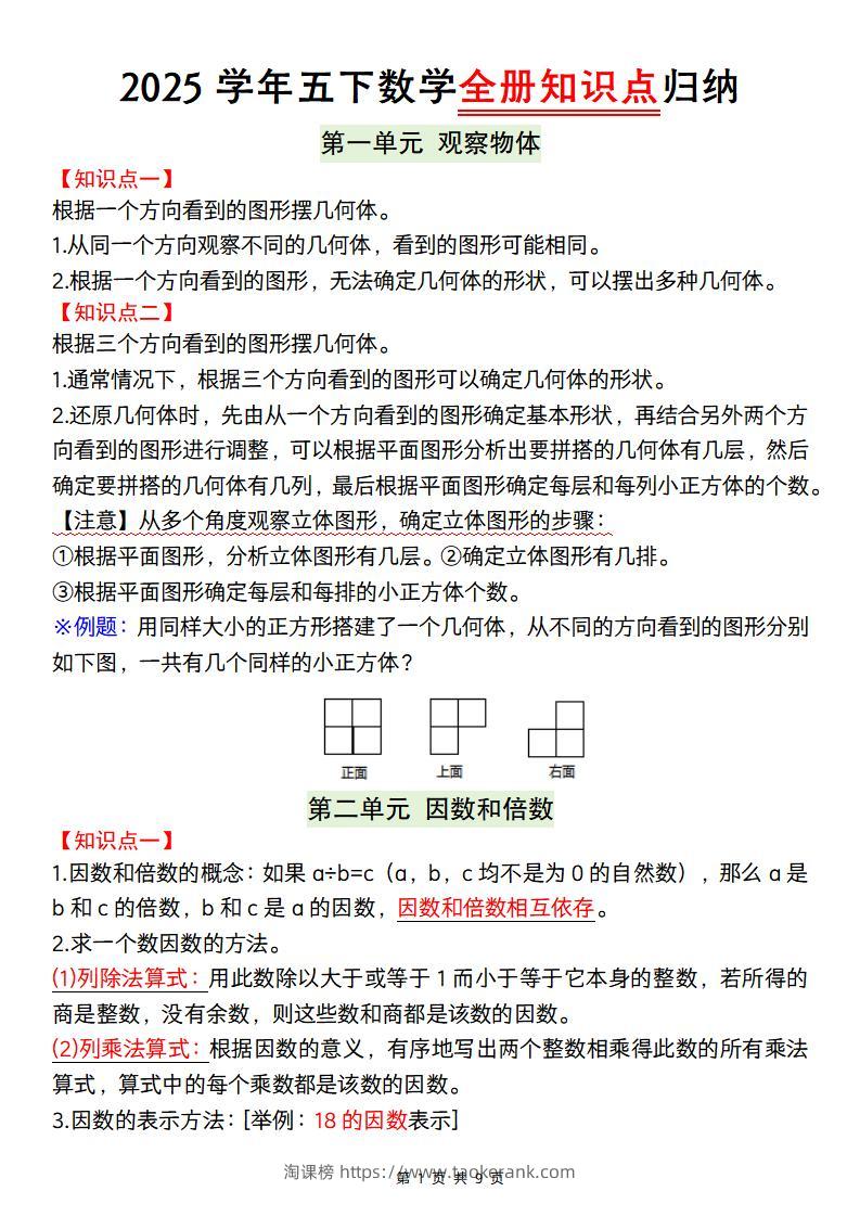 【人教版】2025学年五下数学全册知识点归纳-淘课榜