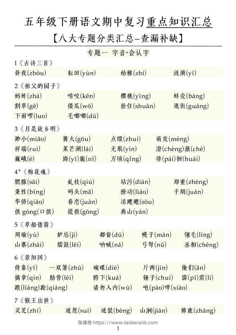 五下语文期中复习八大专题-淘课榜