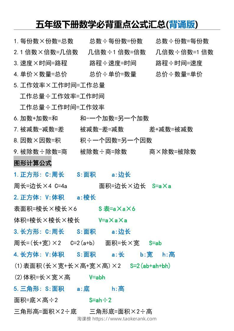 五年级下册数学必背重点公式汇总-淘课榜
