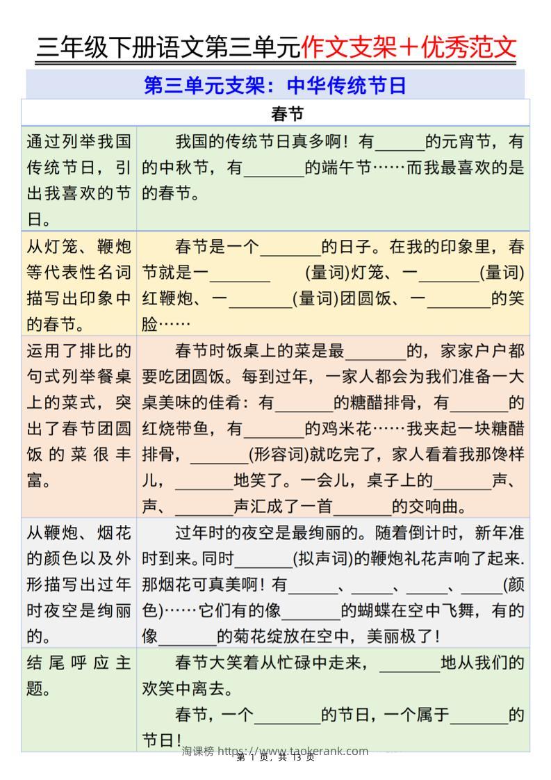 三下语文第三单元作文支架＋优秀范文13页-淘课榜