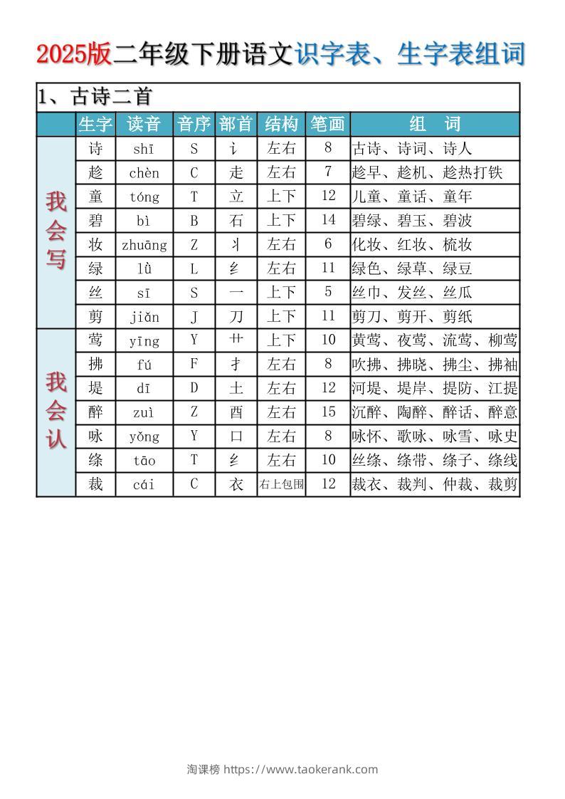 2025新版·二年级下册语文识字表、生字表组词-淘课榜