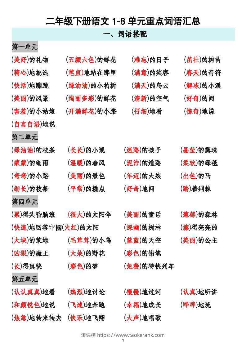 二下语文1-8单元重点词语搭配归纳6页-淘课榜