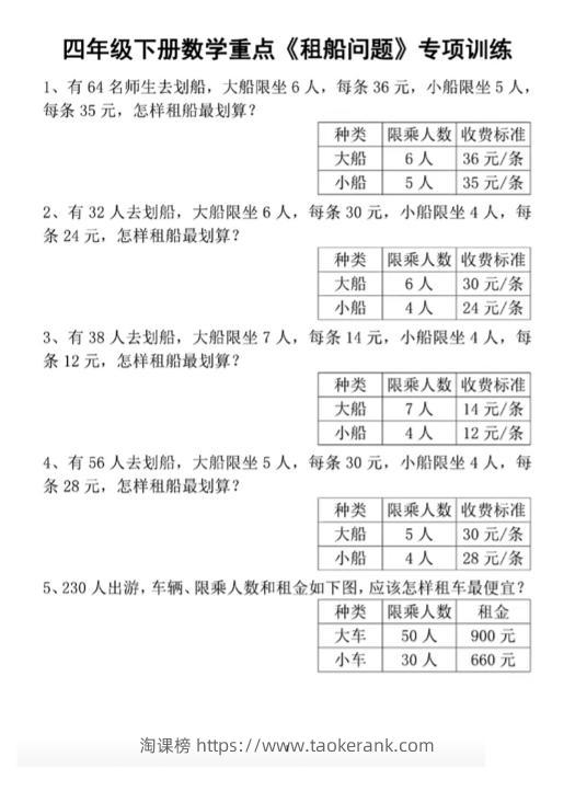四下数学人教版《租船问题》专项训练-淘课榜