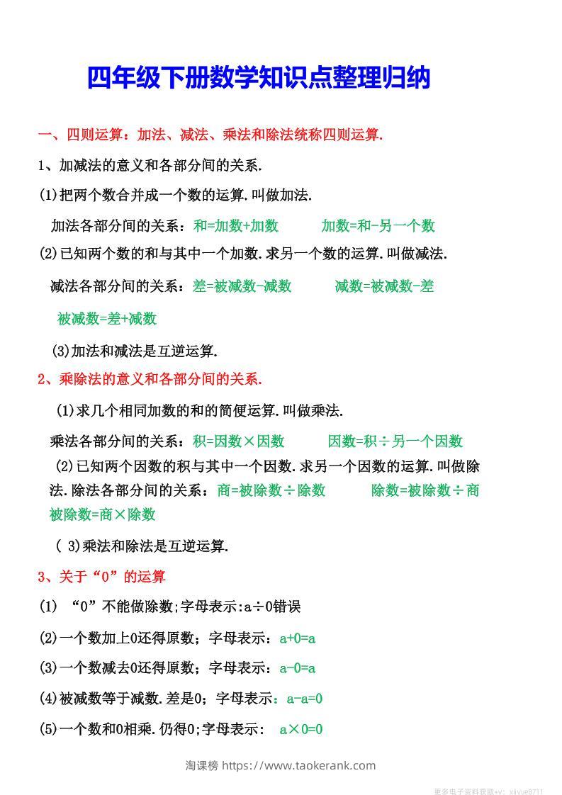四年级下数学知识点整理归纳-淘课榜