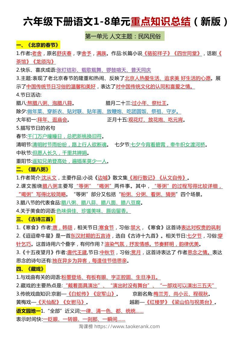 六年级下语文1-8单元常考知识点总结-淘课榜