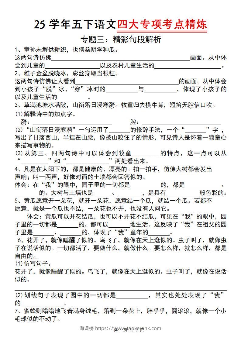 25学年五下语文四大专项考点精炼（专题三：精彩句段解析）-淘课榜