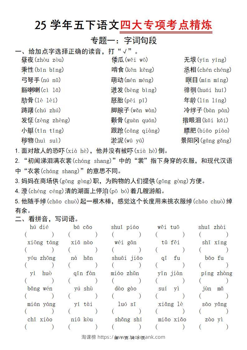 25学年五下语文四大专项考点精炼（专题一：字词句段）-淘课榜