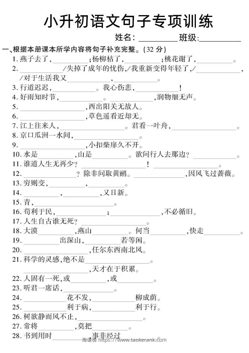六下小升初语文句子专项训练-淘课榜
