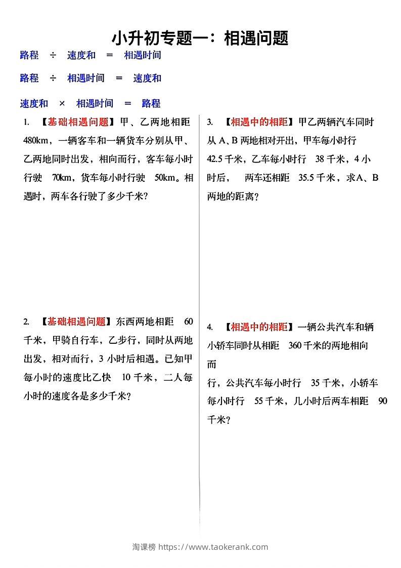 六年级小升初必考应用题12大专题（空白版）-淘课榜