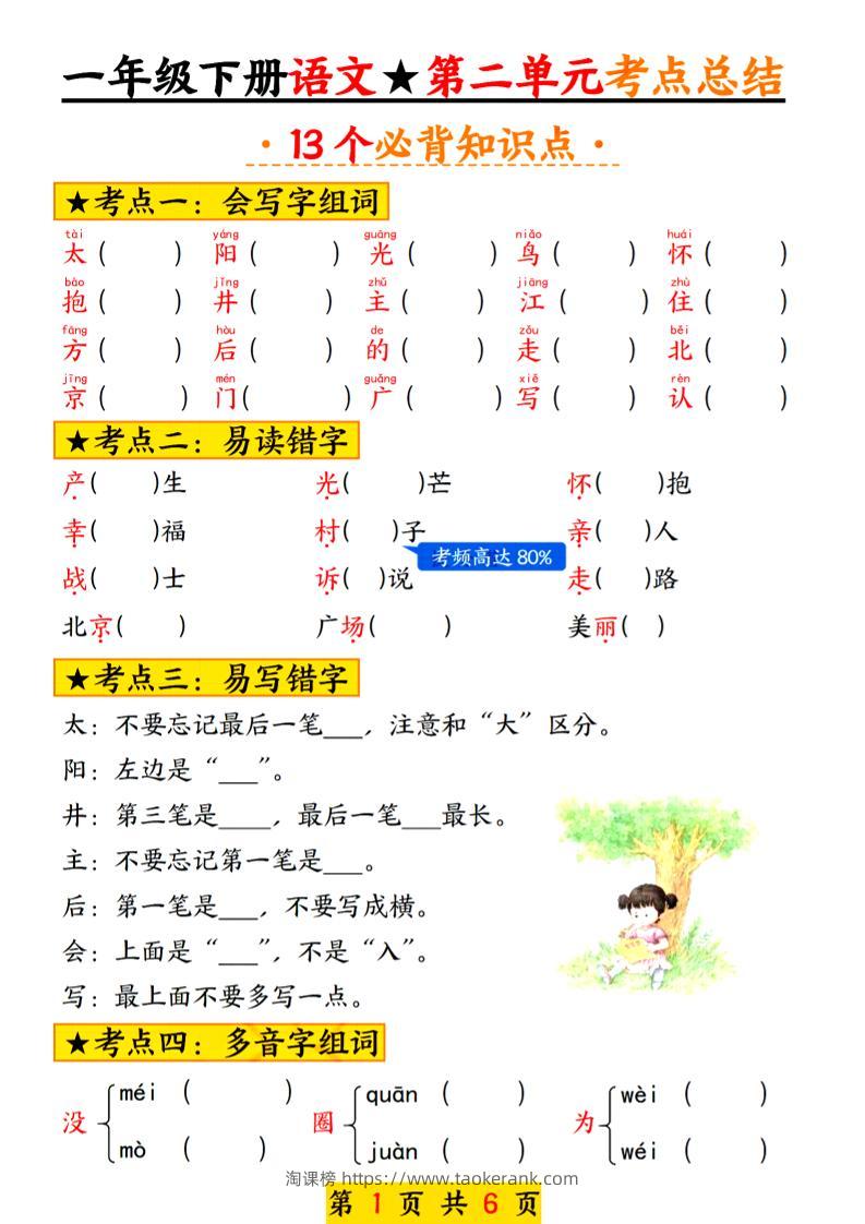 2025新版一年级语文下册第二单元考点总结13个必背-淘课榜