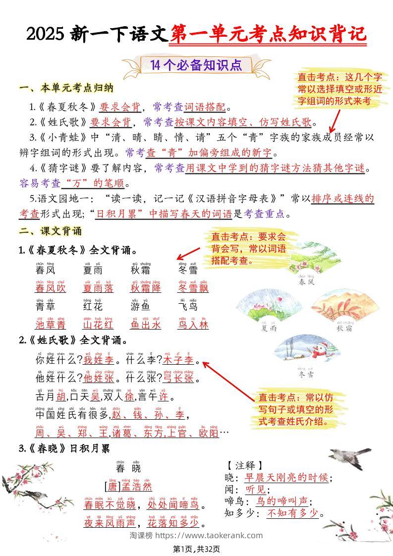 新一下语文1-8单元考点知识背记（32页）-淘课榜