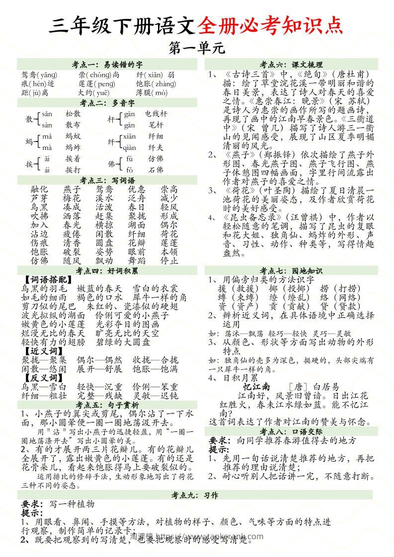 三下语文全册1-8单元必考知识点汇总（8页）-淘课榜