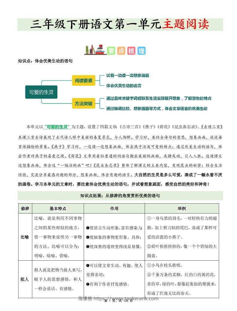 三下语文1-8单元《主题阅读》知识梳理+精选阅读理解（含答案126页）-淘课榜
