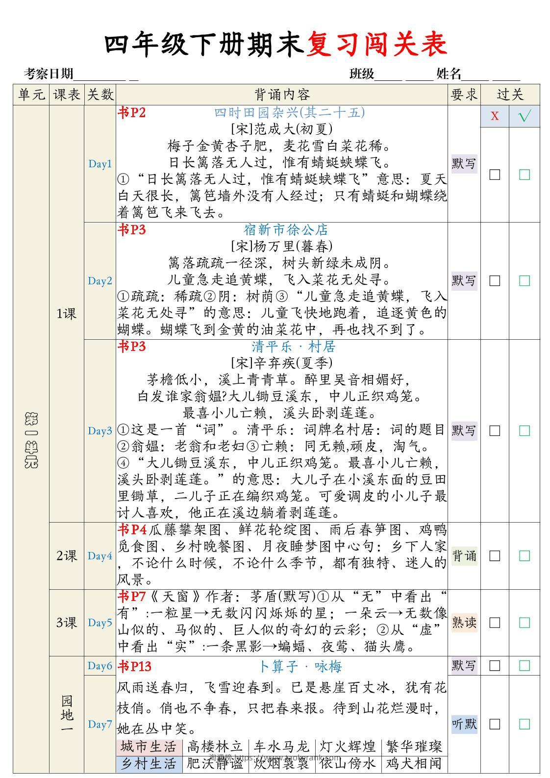 【期末复习背诵闯关表】四下语文-淘课榜