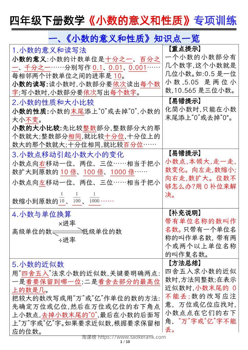 四下数学【小数的意义（答案）】-淘课榜
