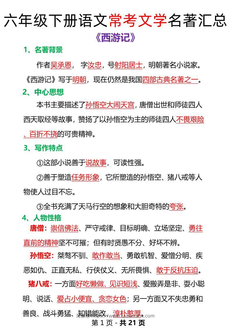 语文六年级下册常考文学名著汇总-淘课榜