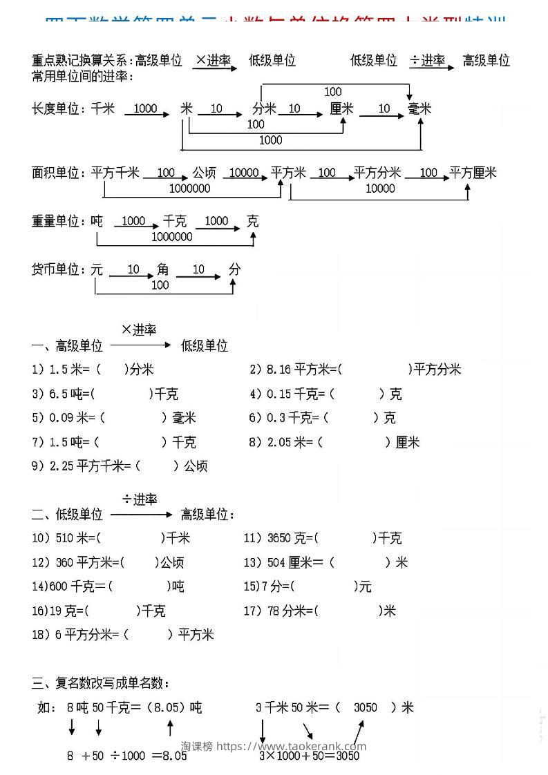 四下《数学小数与单位换算四大类型特训》4页-淘课榜
