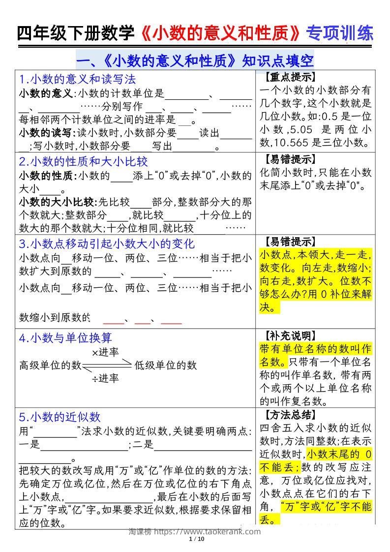 四下数学【小数的意义（空白）】-淘课榜