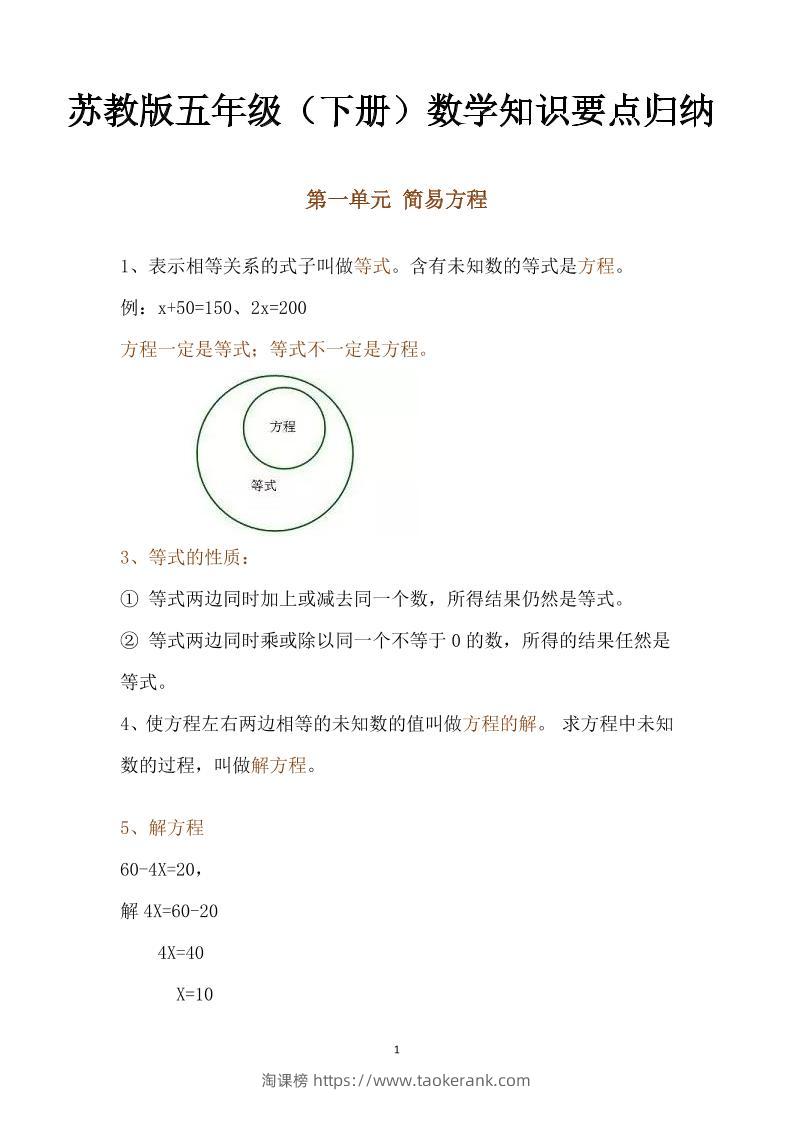五下数学：苏教版数学知识点归纳-淘课榜