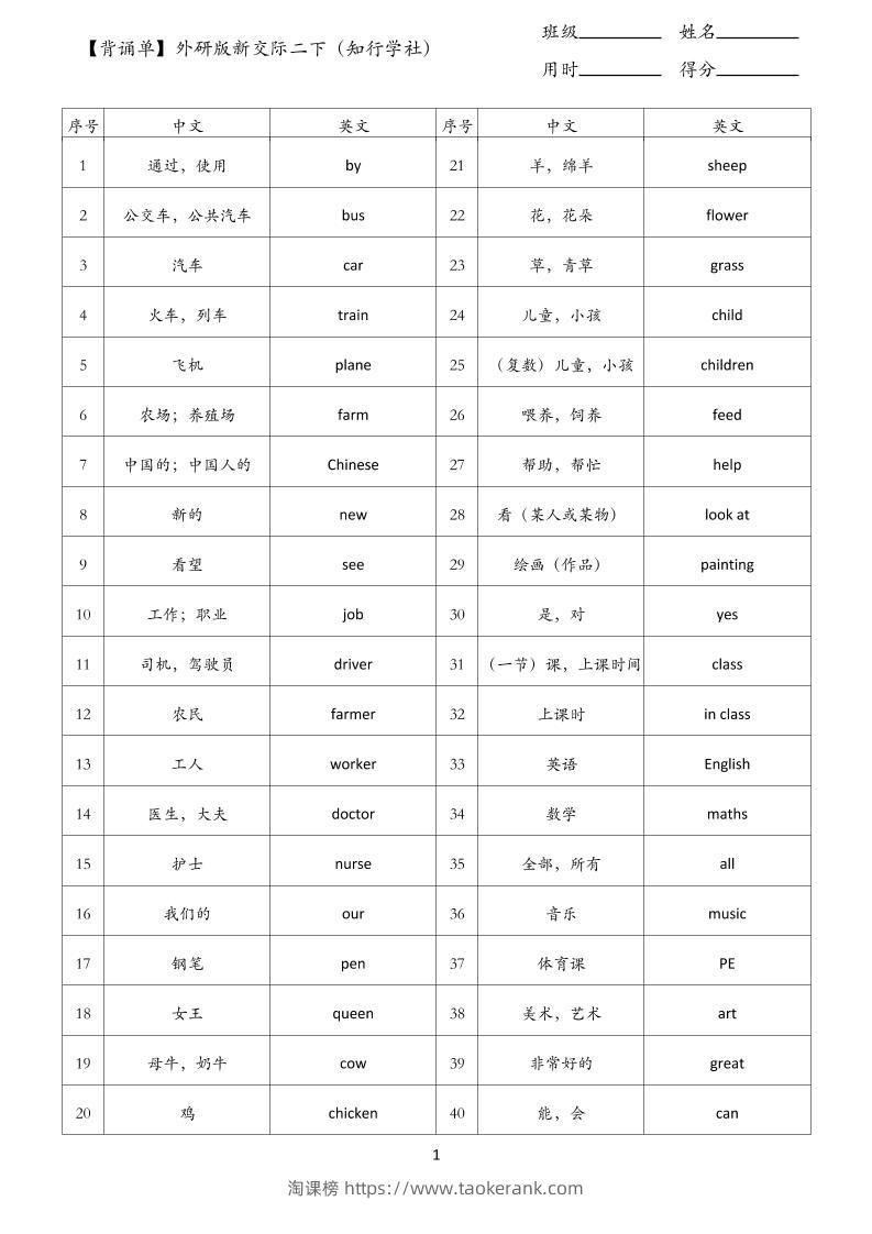 【背诵单】外研版新交际二下英语-淘课榜