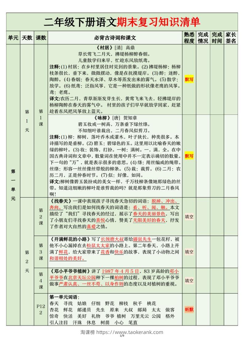 二年级下语文期末复习计划清单-淘课榜