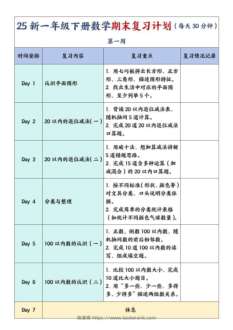 一年级下册数学期末复习计划及单元练习题-淘课榜