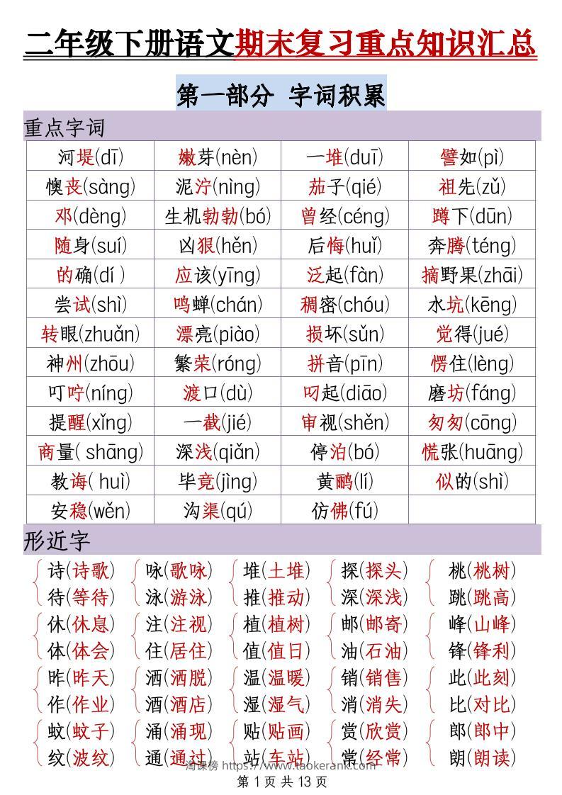 二下语文期末复习重点知识汇总（13页）-淘课榜