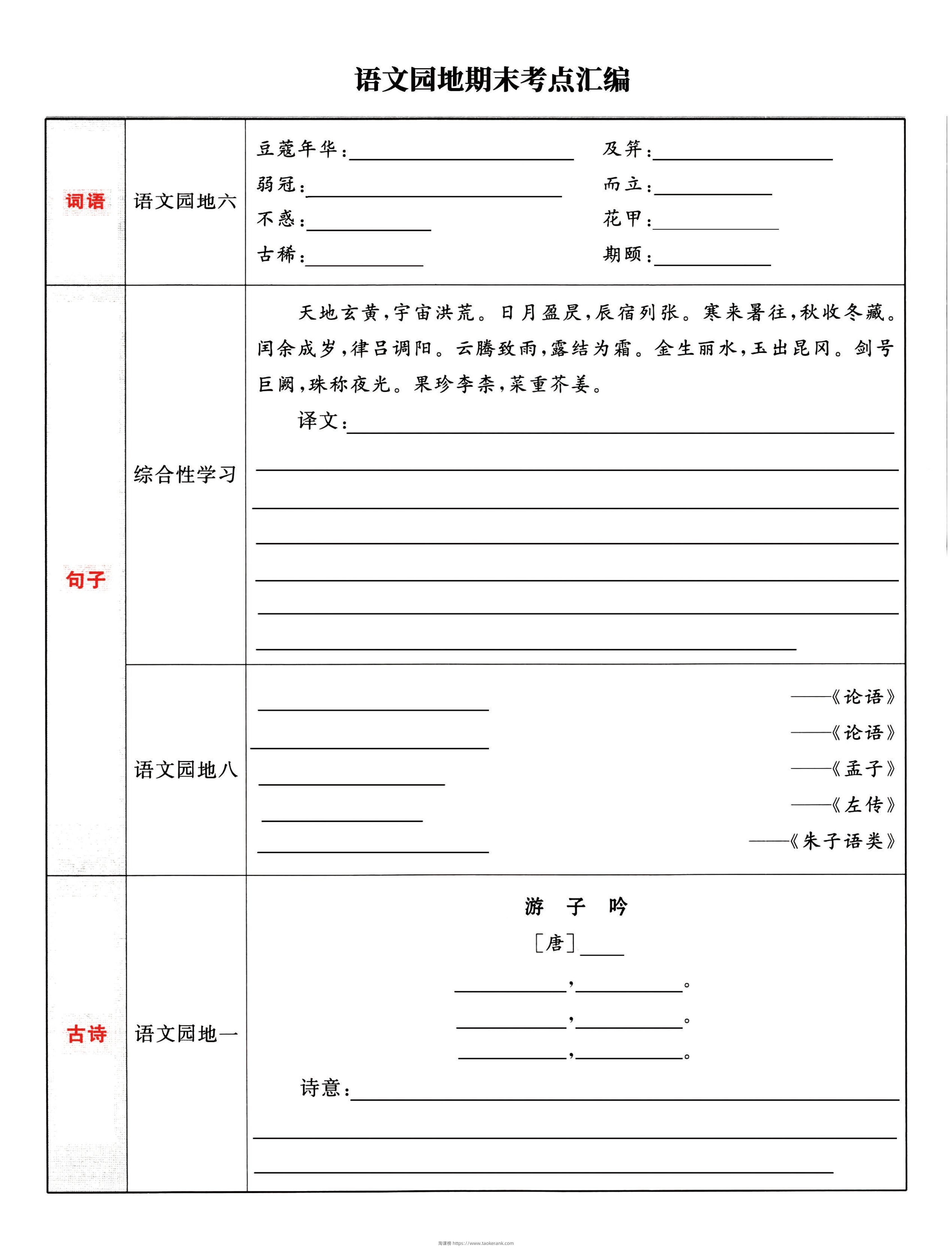 五下语文《语文园地》期末考点汇编，附配套习题和默写集训-淘课榜