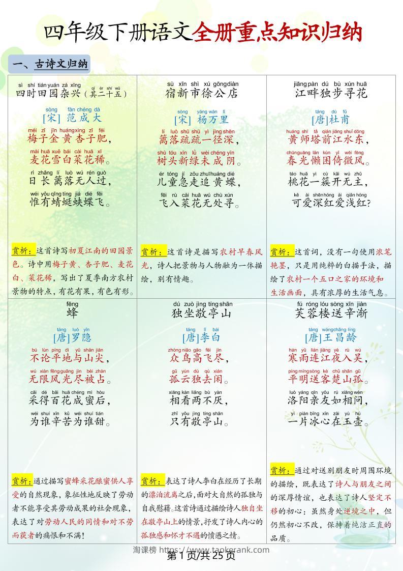 四下语文全册重点知识归纳-淘课榜