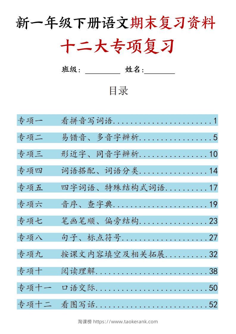 25新一下语文期末复习十二大专项归类复习（含答案66页）-淘课榜