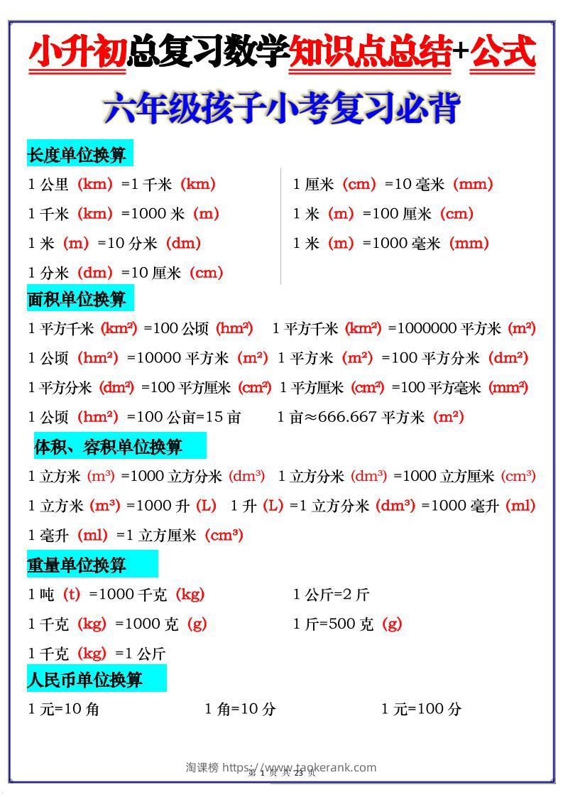 小升初总复习数学知识点总结+公式-淘课榜
