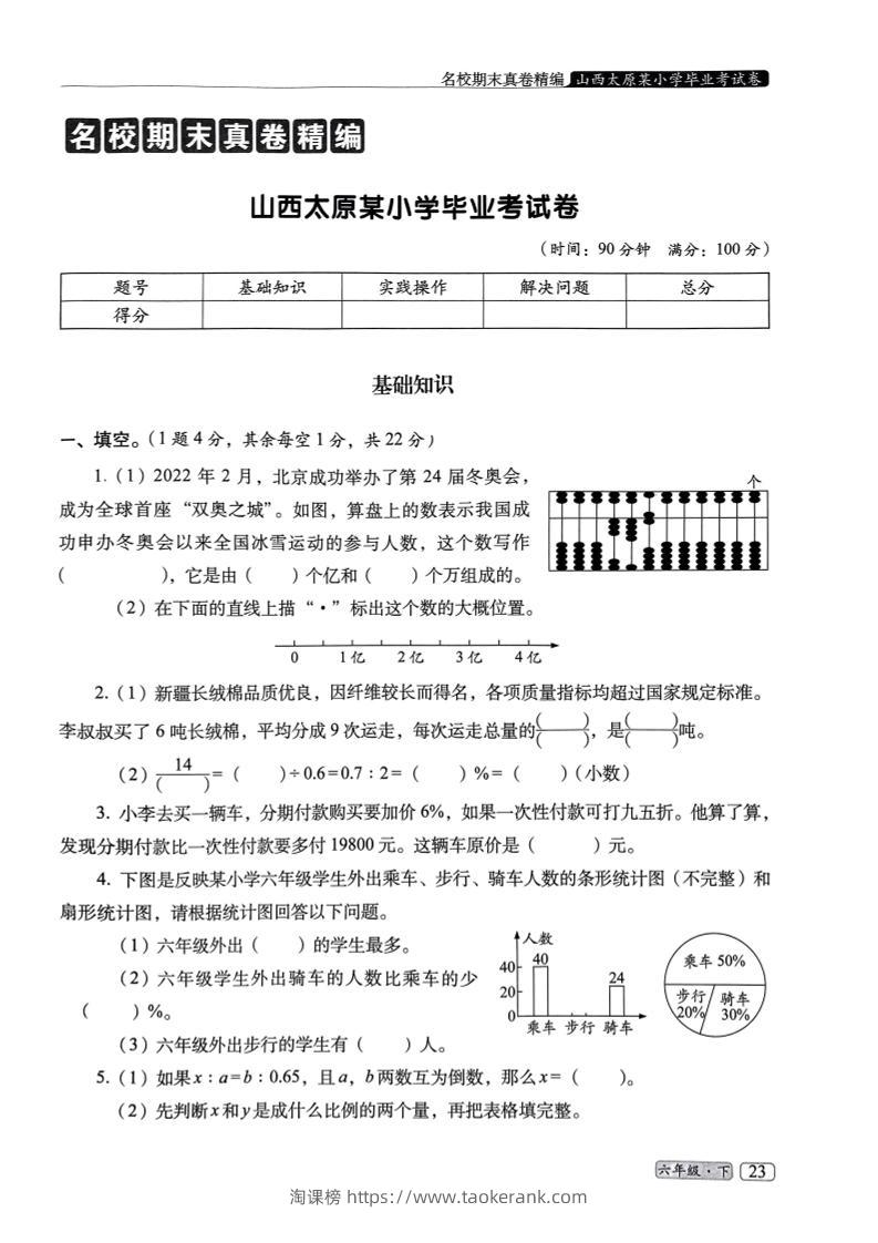 25春六年级数学下册人教版期末名校真题卷6套含答案-淘课榜
