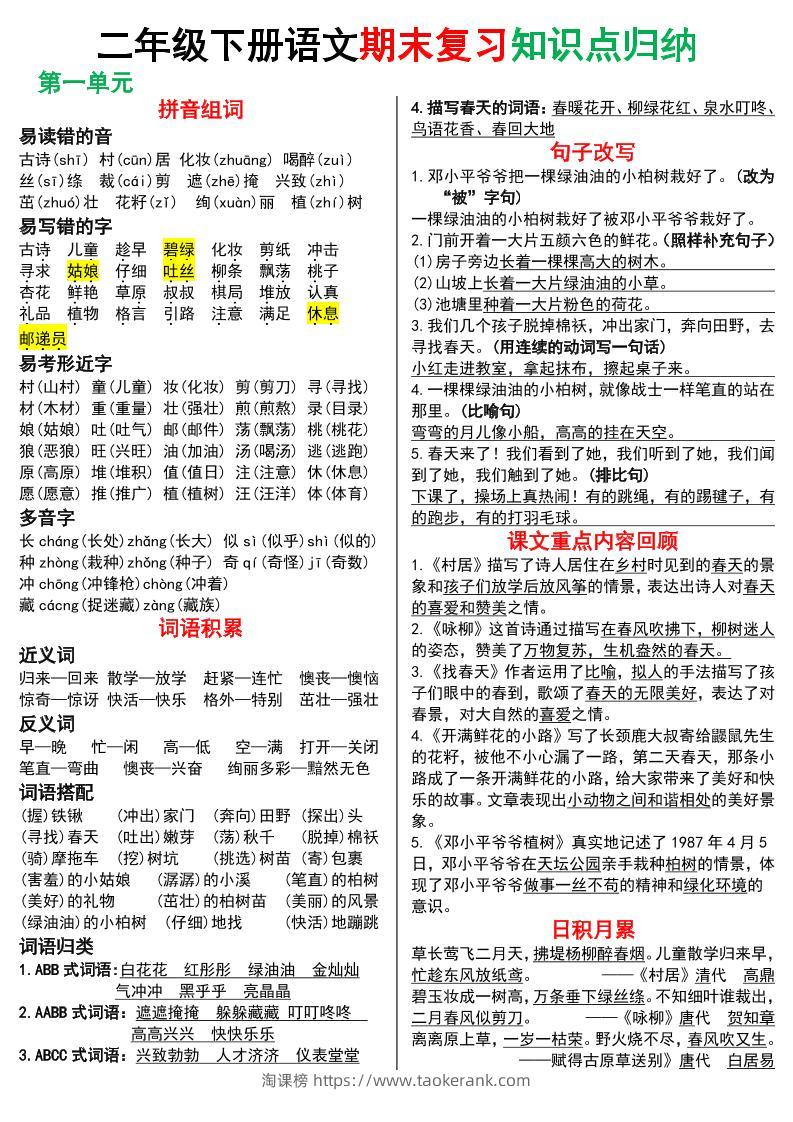 二下语文期末复习知识点归纳（8页）-淘课榜