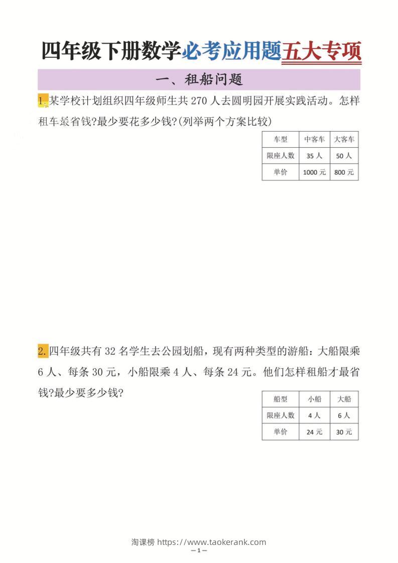 四年级下数学必考应用题五大专项-淘课榜