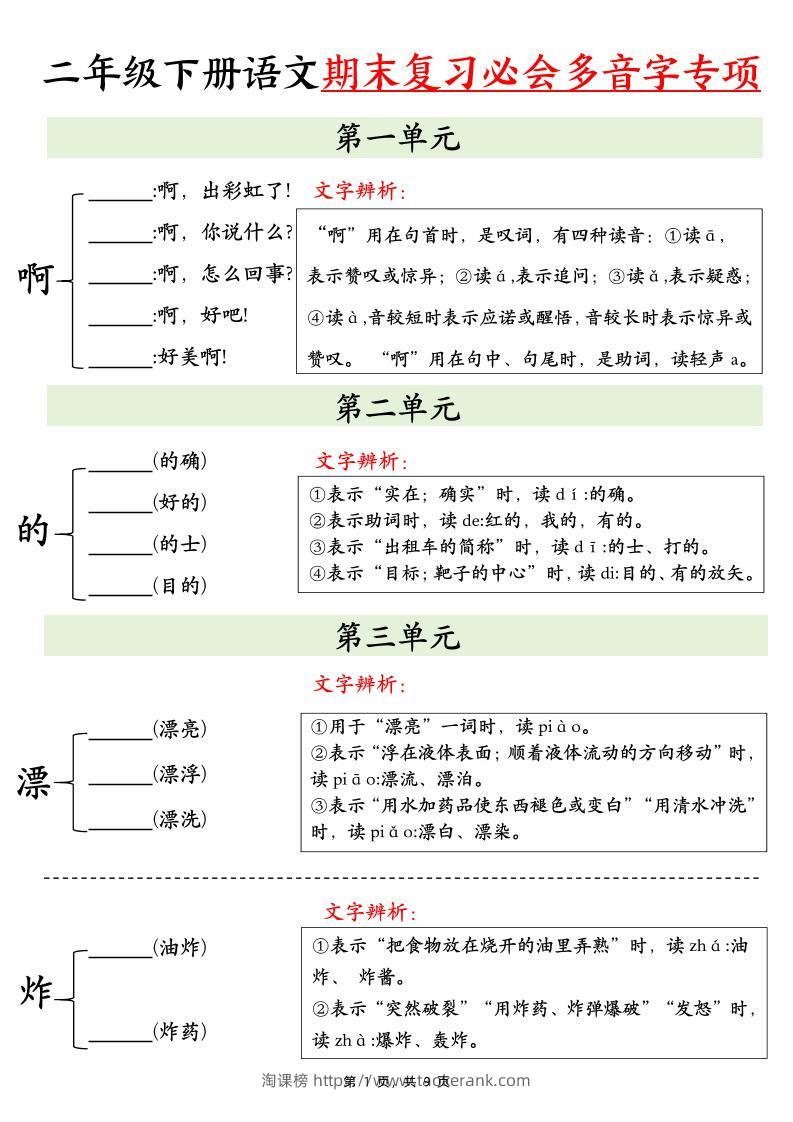 二下语文期末复习必会多音字专项练习（9页）-淘课榜