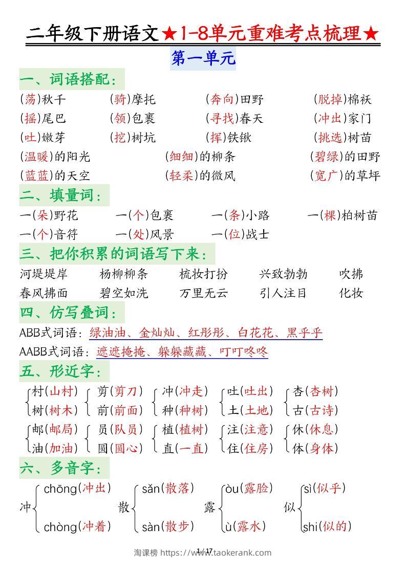 二下语文期末复习1-8单元重难考点梳理总结（17页）-淘课榜