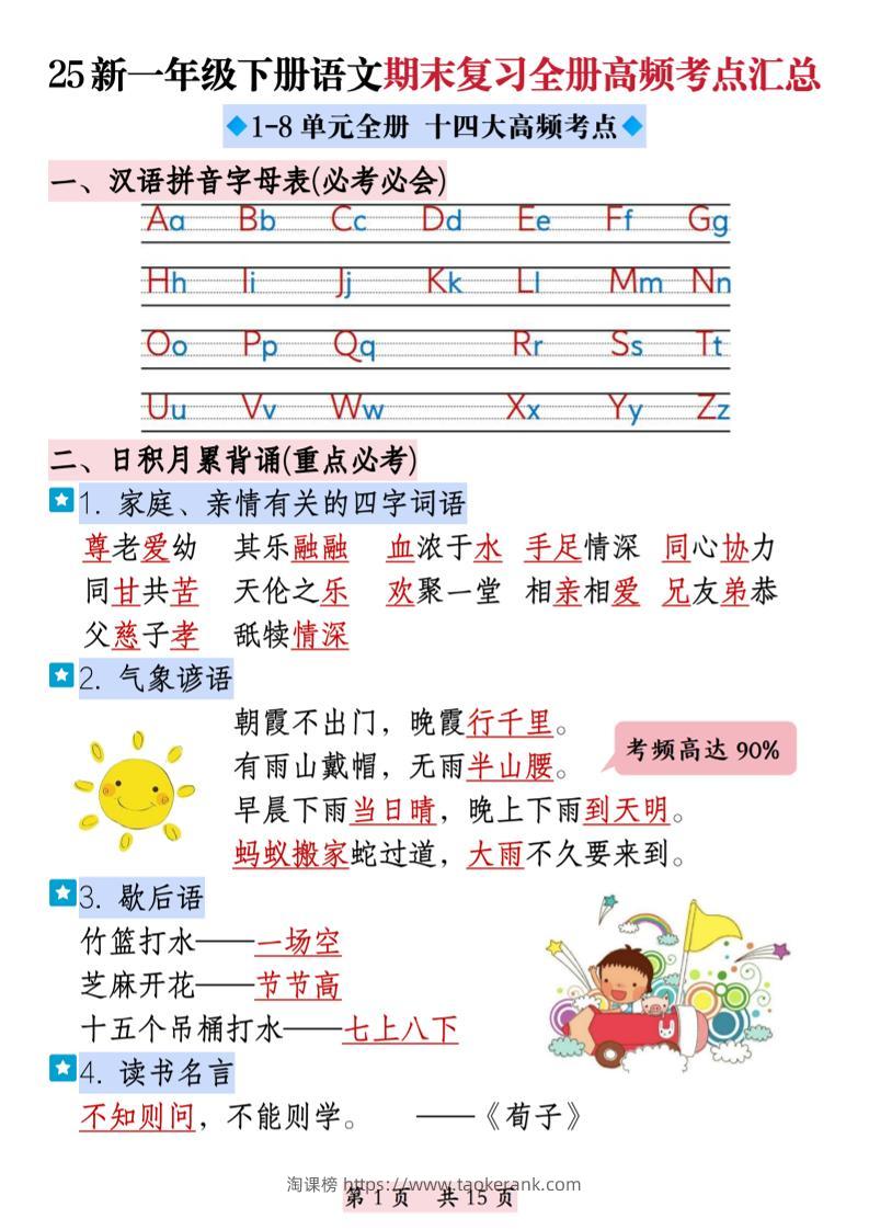 25新一下语文期末复习全册高频考点汇总（十四大高频考点）15页-淘课榜