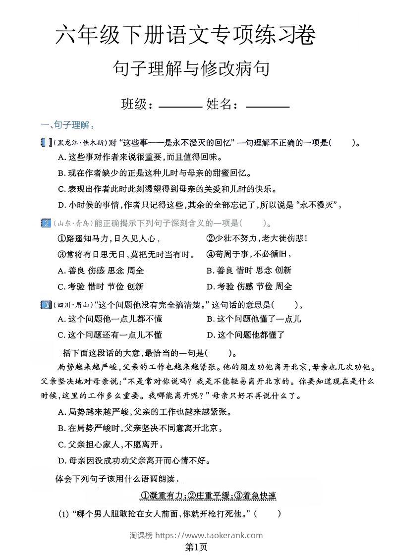 六下语文句子理解与修改病句专项练习卷-淘课榜