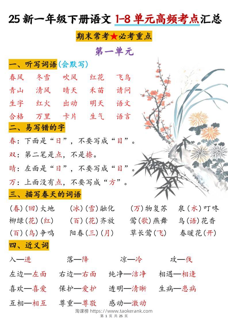 一下语文1-8单元高频考点汇总(25页)-淘课榜