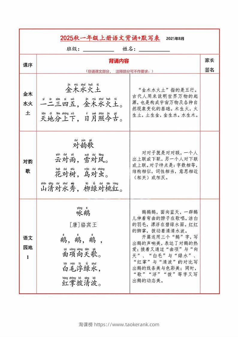 【暑假】一上语文必背内容+默写表-淘课榜