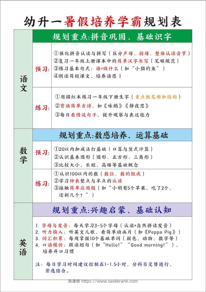幼升一暑假培养学霸规划表一上语文-淘课榜